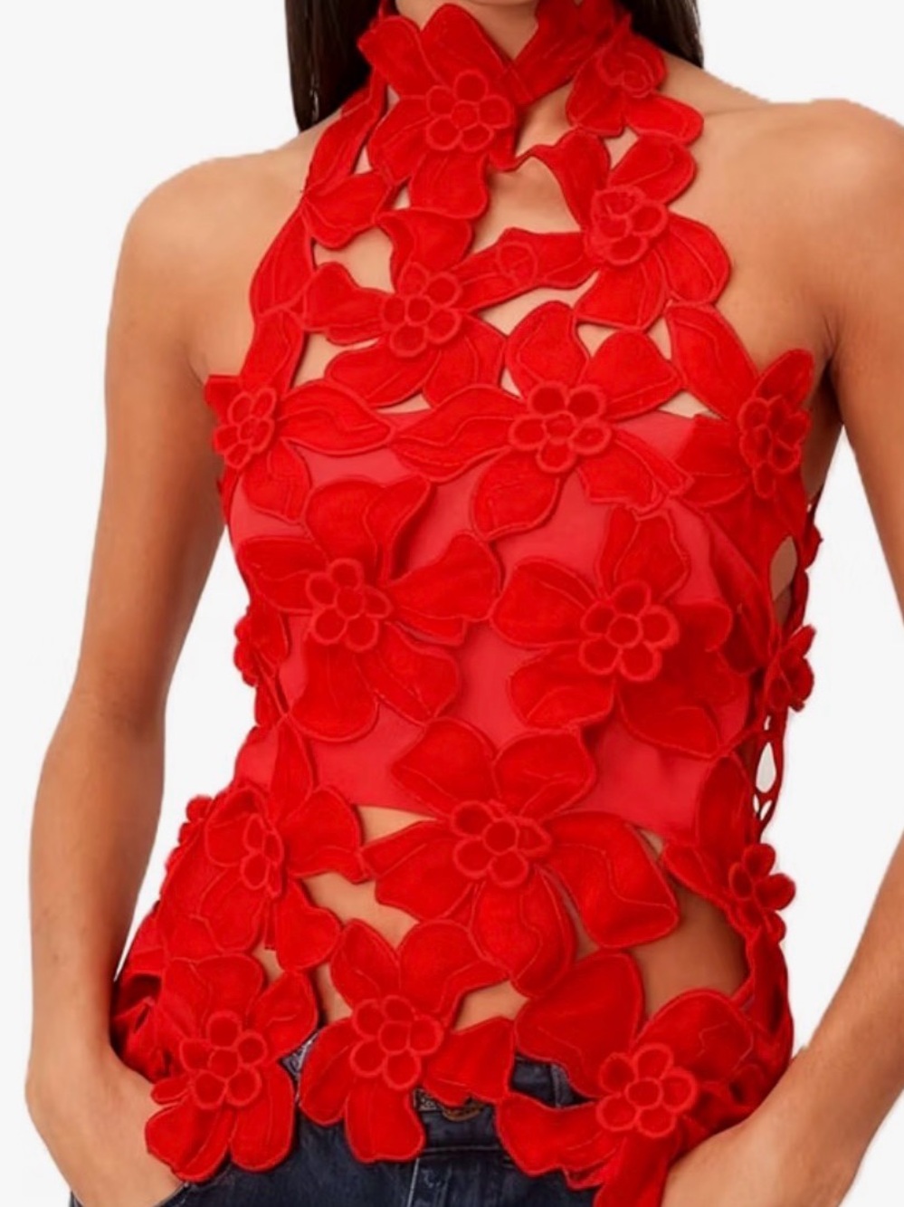 Red Floral Appliqué Halter Top